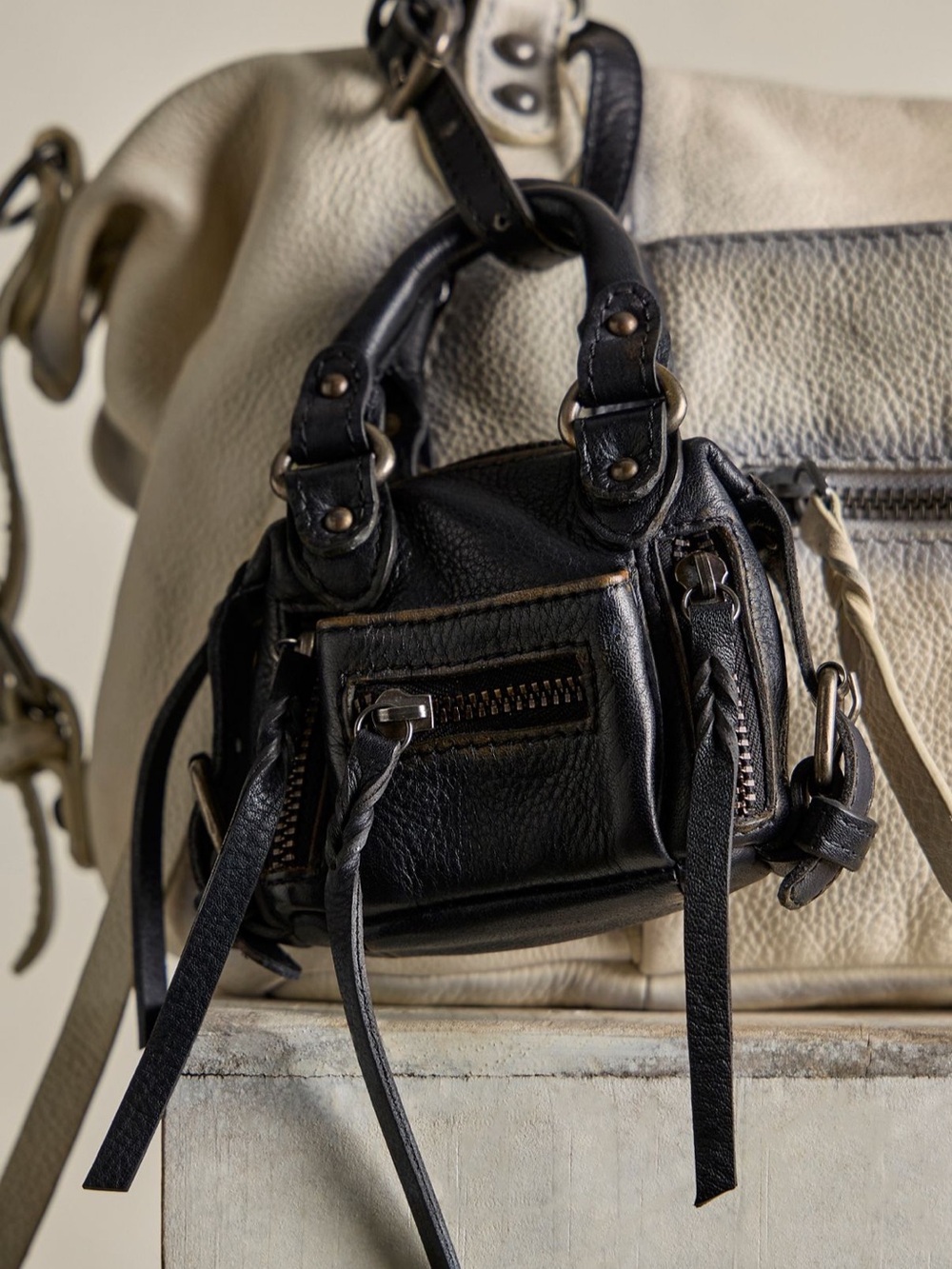 FREE PEOPLE MICRO Emerson Black Leather Mini Tote Bag keychain new